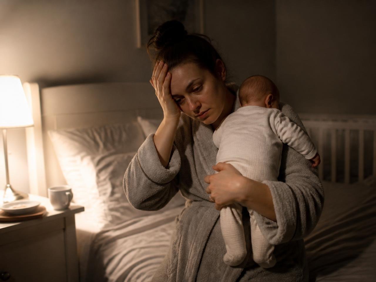 Mãe cansada com o bebê no colo durante a madrugada